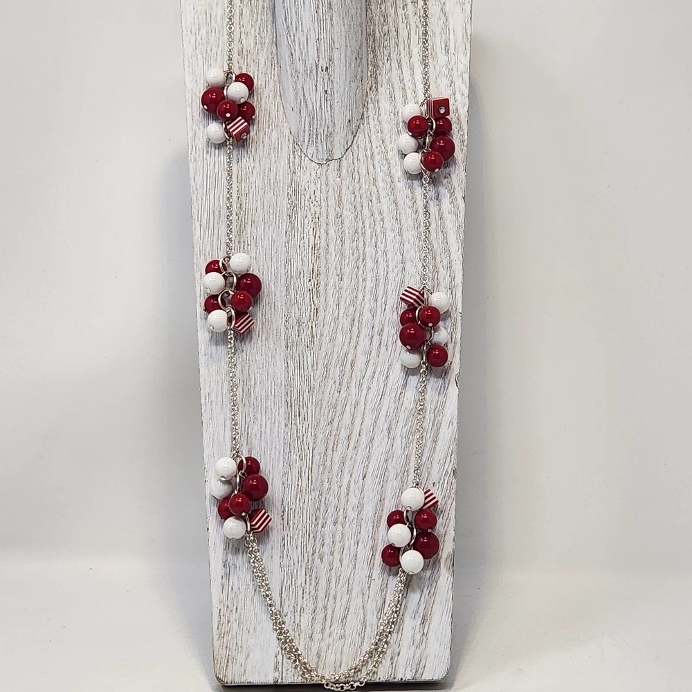 Studio Works Silver Tone Red White Cluster Bead Chain Long Necklace Stationed